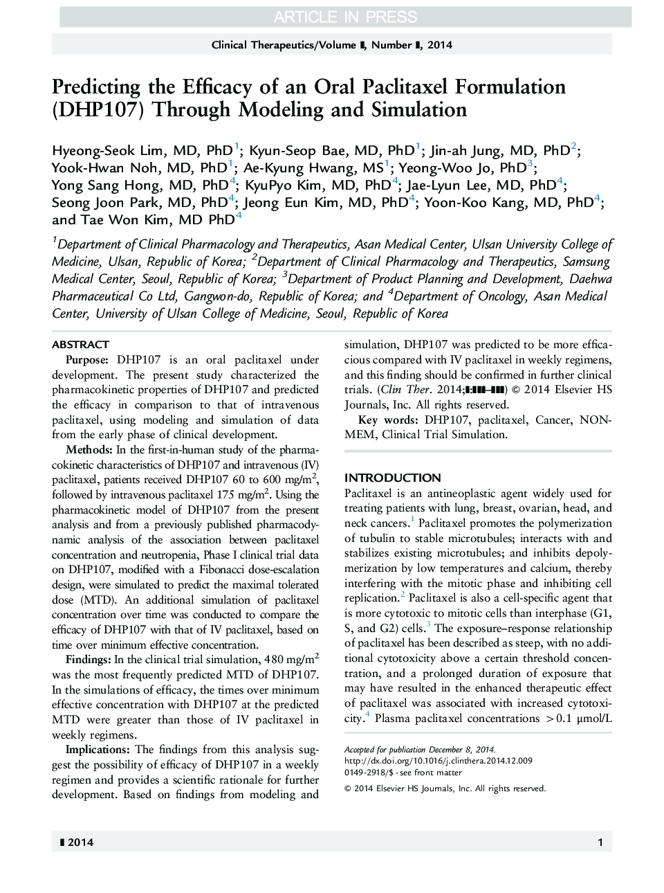 Predicting the Efficacy of an Oral Paclitaxel Formulation (DHP107) Through Modeling and Simulation