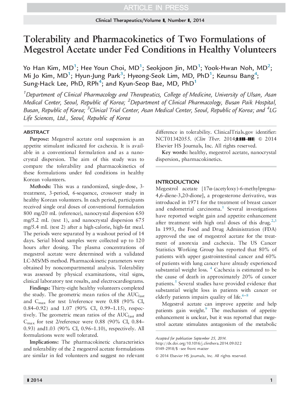 Tolerability and Pharmacokinetics of Two Formulations of Megestrol Acetate under Fed Conditions in Healthy Volunteers