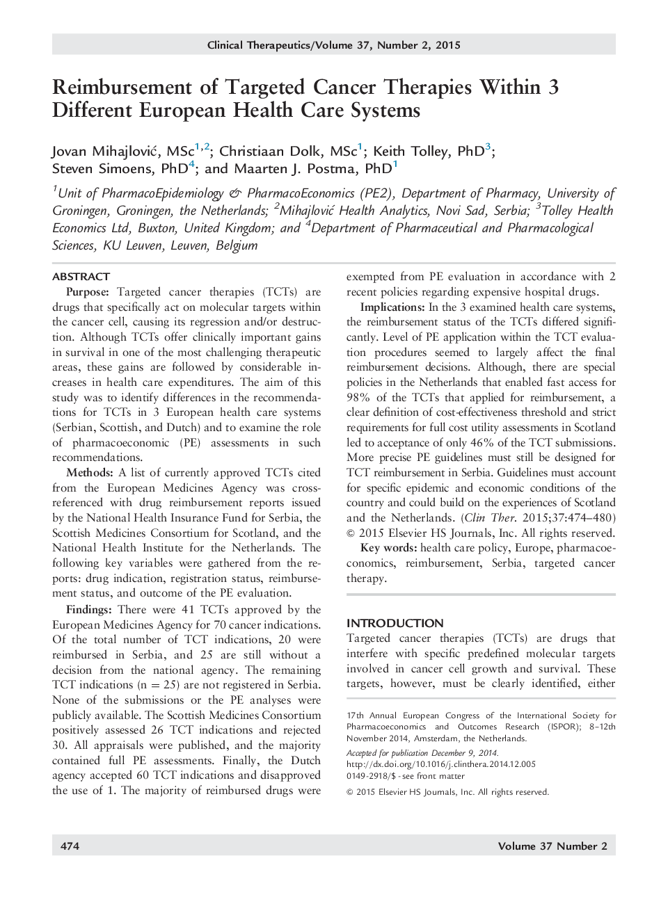 Reimbursement of Targeted Cancer Therapies Within 3 Different European Health Care Systems