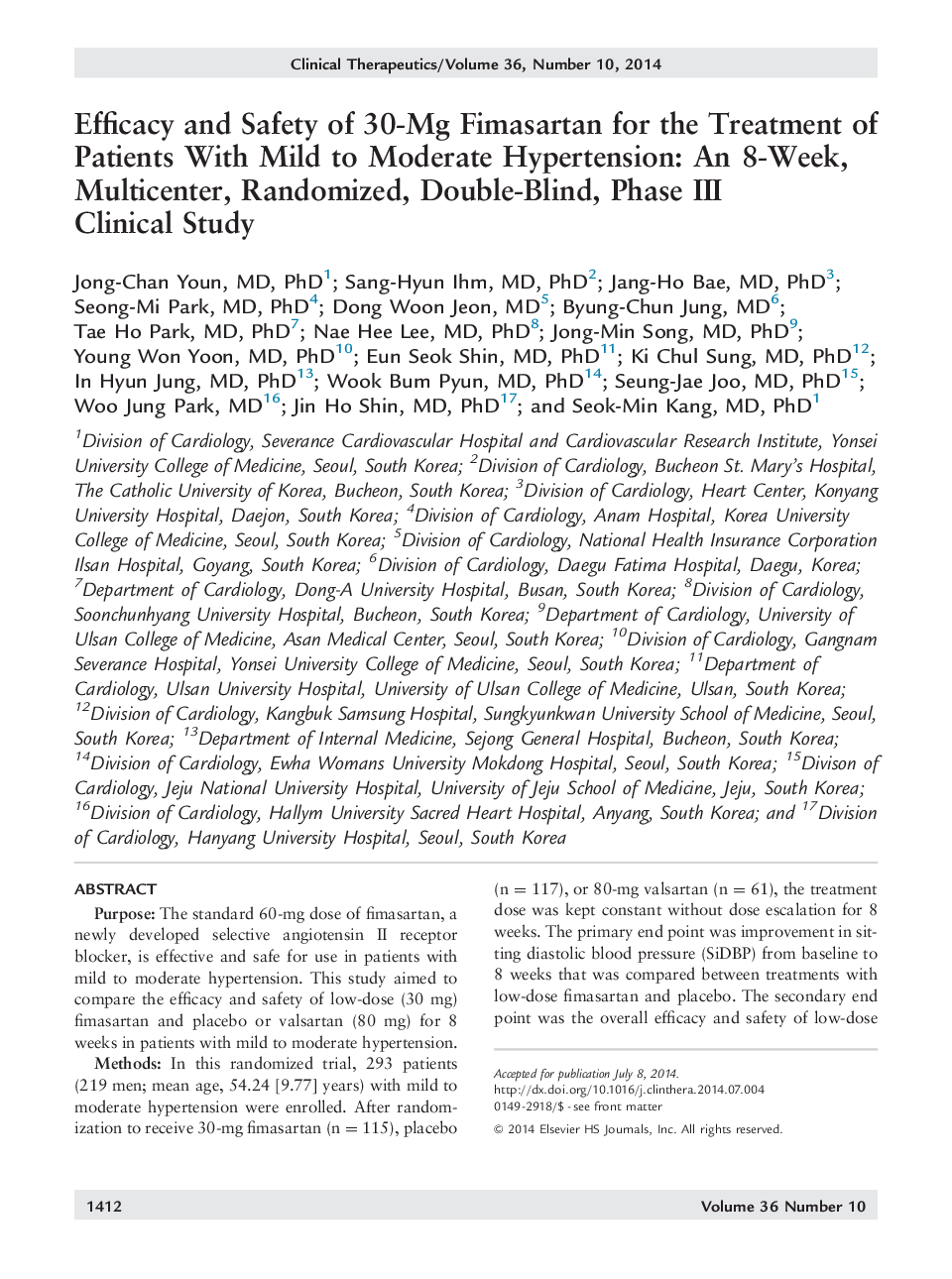 Efficacy and Safety of 30-Mg Fimasartan for the Treatment of Patients With Mild to Moderate Hypertension: An 8-Week, Multicenter, Randomized, Double-Blind, Phase III Clinical Study