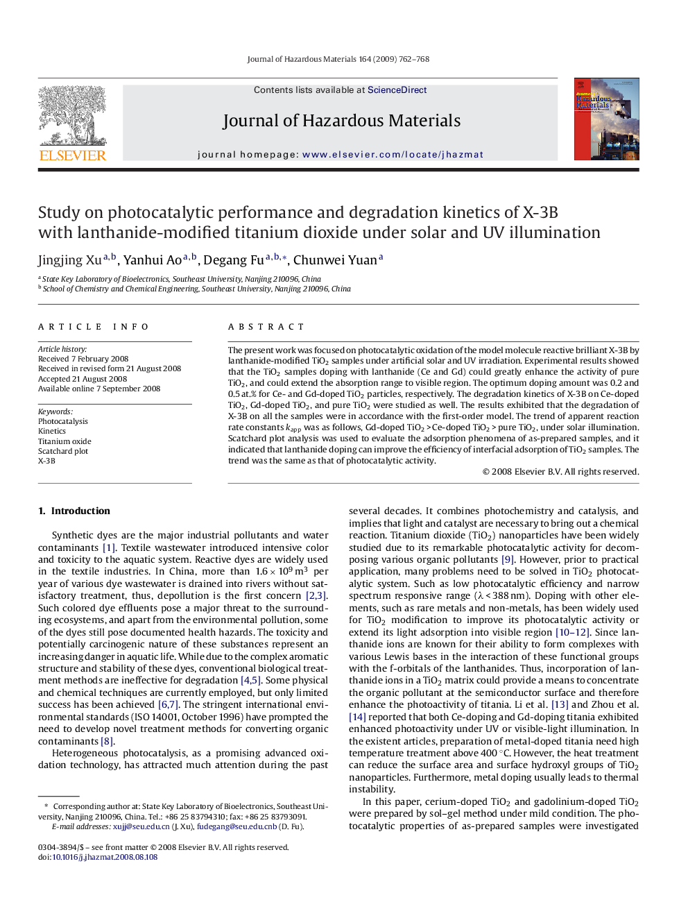 Study on photocatalytic performance and degradation kinetics of X-3B with lanthanide-modified titanium dioxide under solar and UV illumination