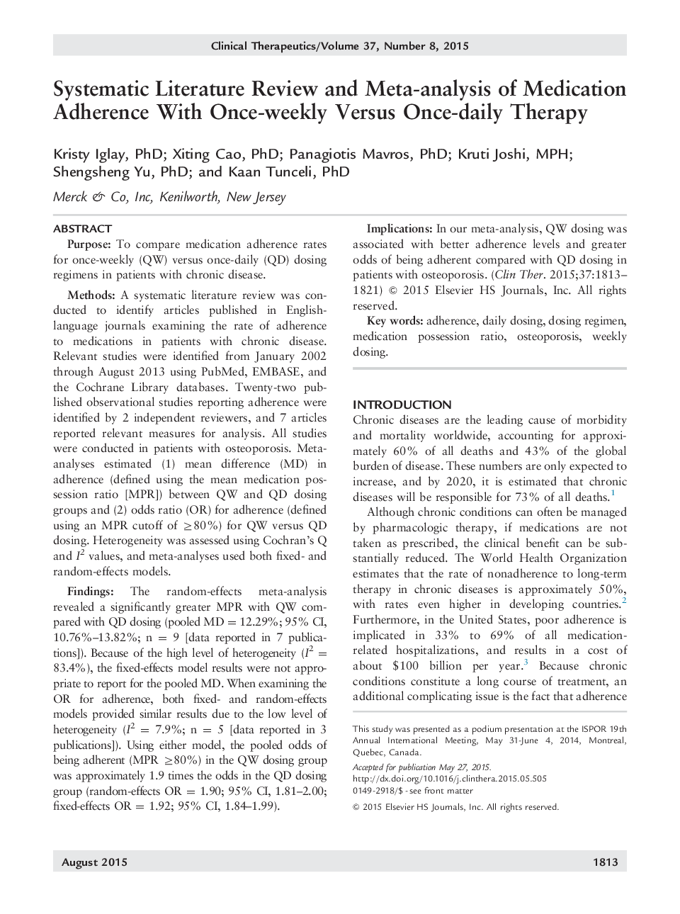 بررسی ادبیات سیستماتیک و متاآنالیز پیوستگی دارویی با یک بار در هفته در برابر یک روزه درمانی 