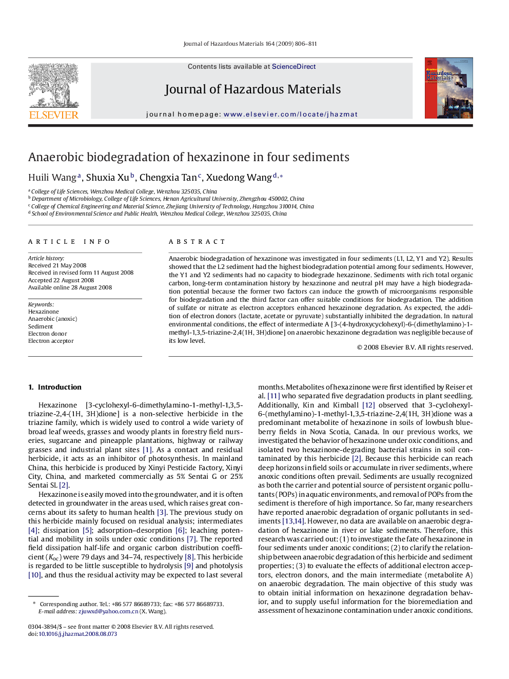 Anaerobic biodegradation of hexazinone in four sediments