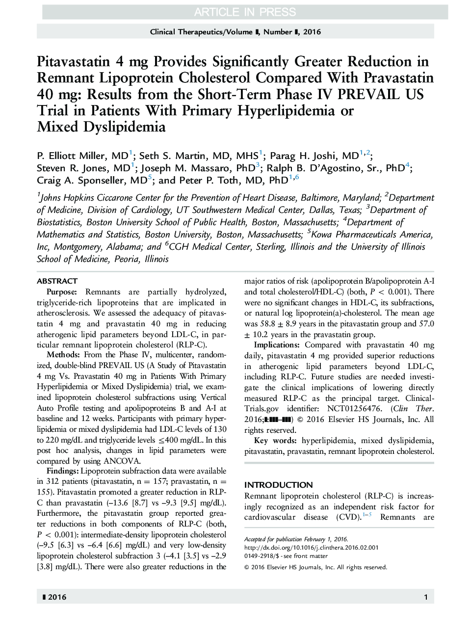 Pitavastatin 4 mg Provides Significantly Greater Reduction in Remnant Lipoprotein Cholesterol Compared With Pravastatin 40 mg: Results from the Short-term Phase IV PREVAIL US Trial in Patients With Primary Hyperlipidemia or Mixed Dyslipidemia