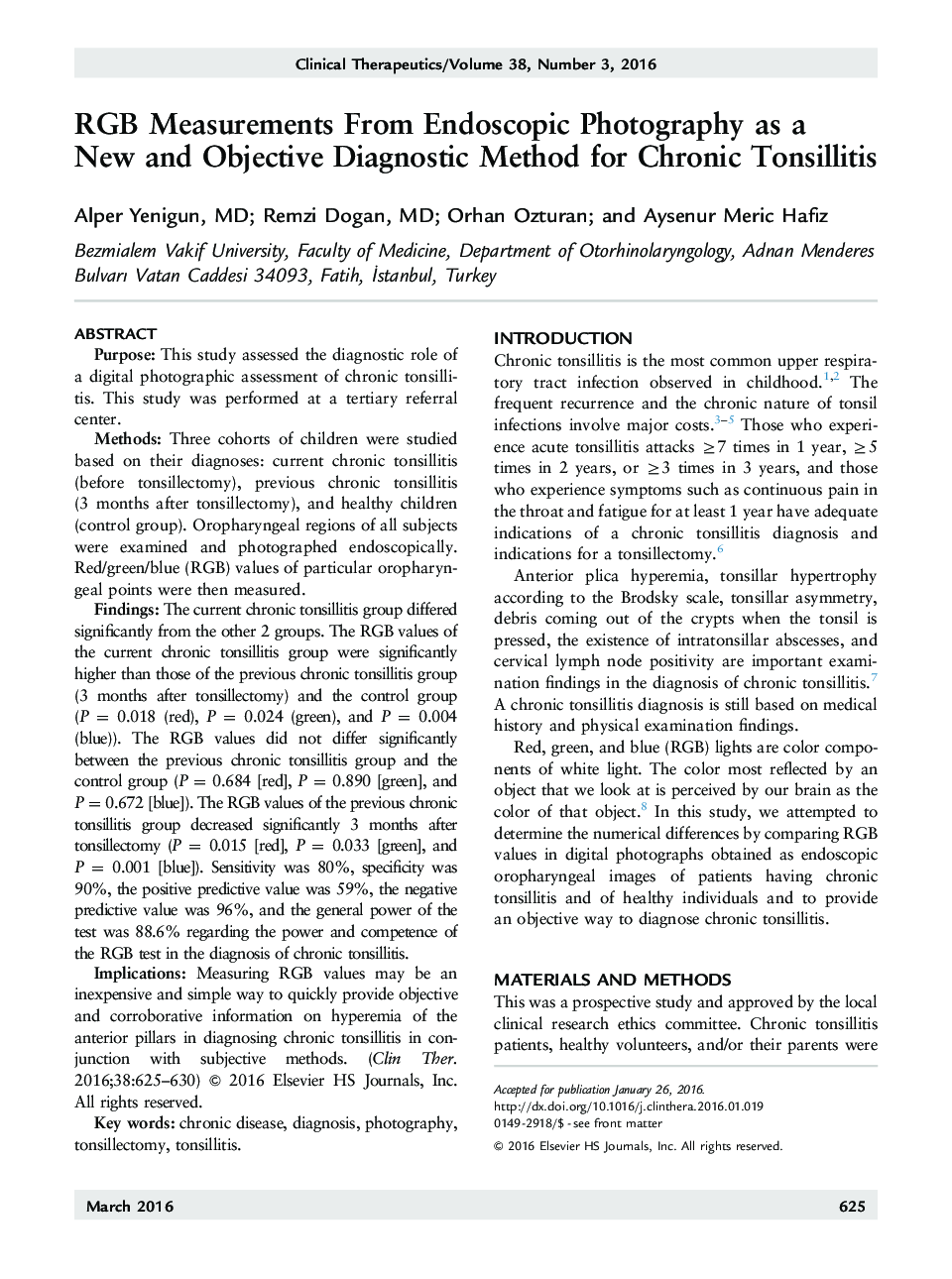 RGB Measurements From Endoscopic Photography as a New and Objective Diagnostic Method for Chronic Tonsillitis