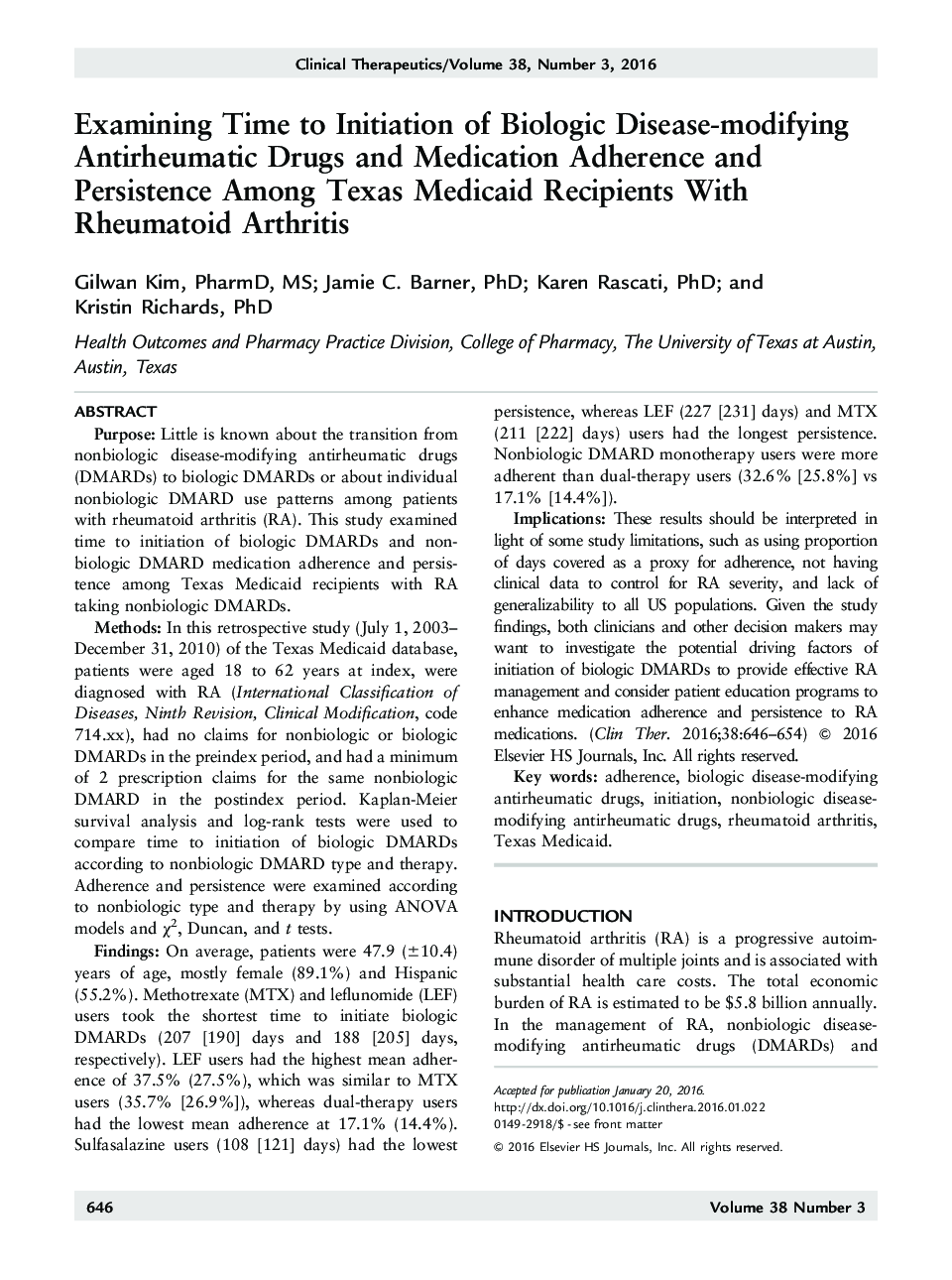 Examining Time to Initiation of Biologic Disease-modifying Antirheumatic Drugs and Medication Adherence and Persistence Among Texas Medicaid Recipients With Rheumatoid Arthritis