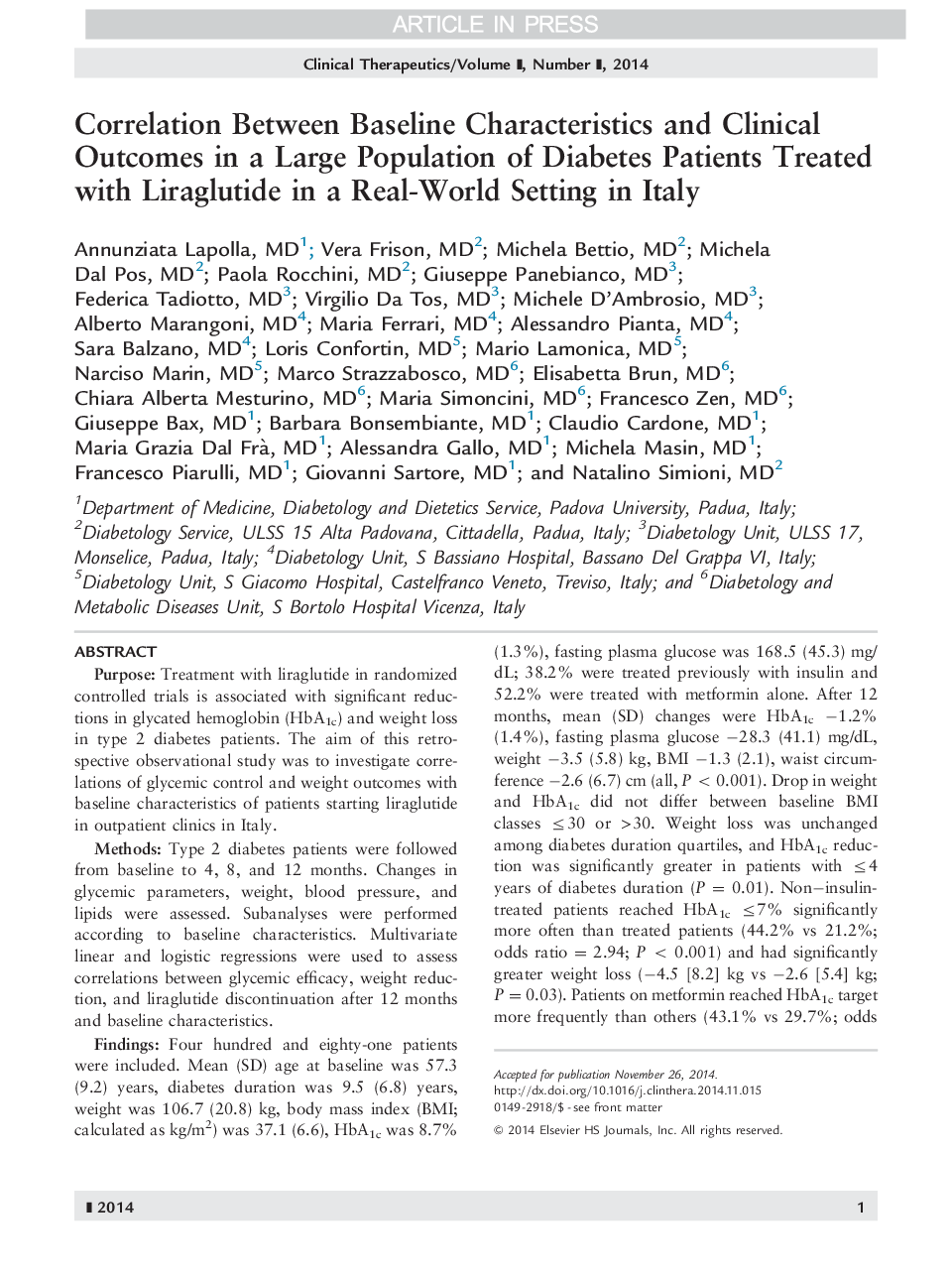 Correlation Between Baseline Characteristics and Clinical Outcomes in a Large Population of Diabetes Patients Treated with Liraglutide in a Real-World Setting in Italy