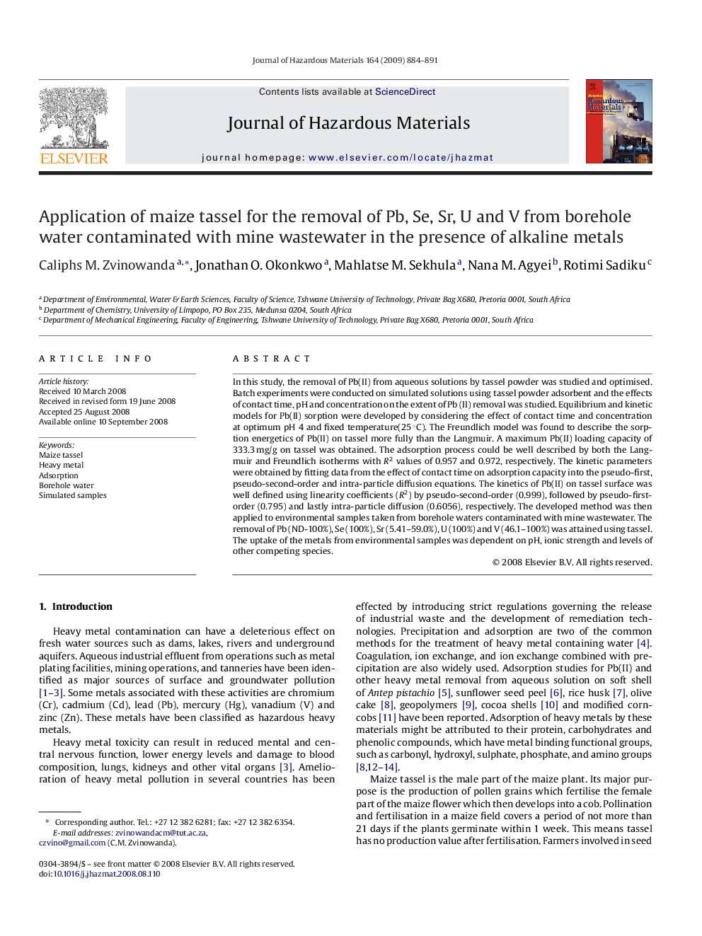 Application of maize tassel for the removal of Pb, Se, Sr, U and V from borehole water contaminated with mine wastewater in the presence of alkaline metals