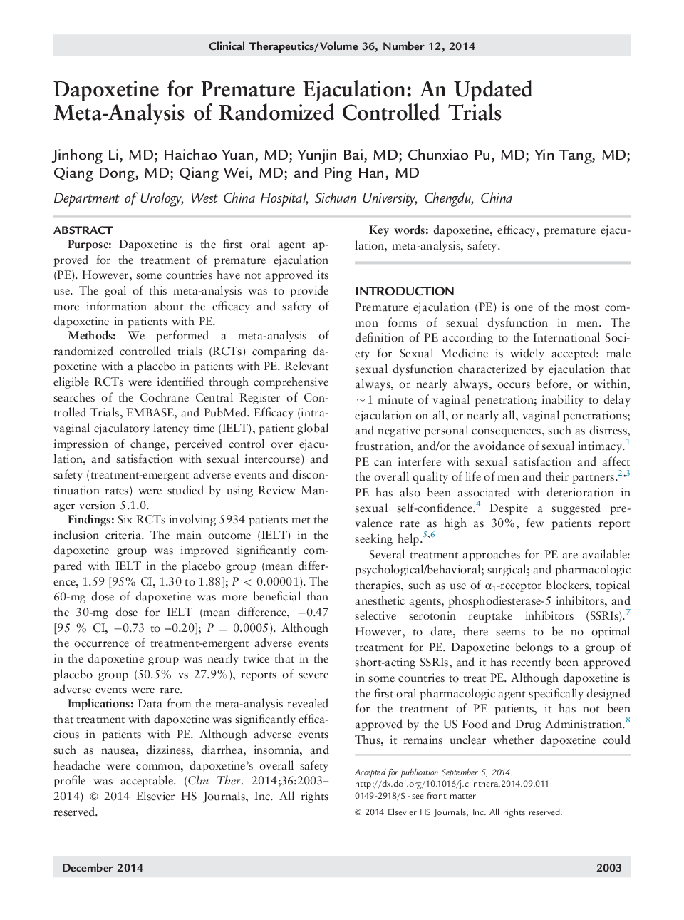 Dapoxetine for Premature Ejaculation: An Updated Meta-Analysis of Randomized Controlled Trials