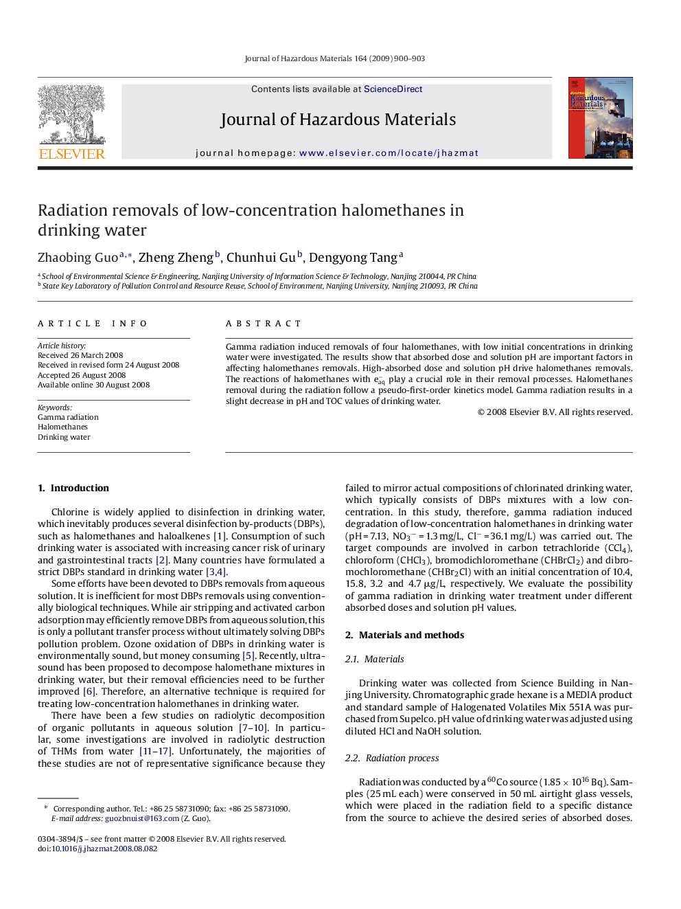 Radiation removals of low-concentration halomethanes in drinking water