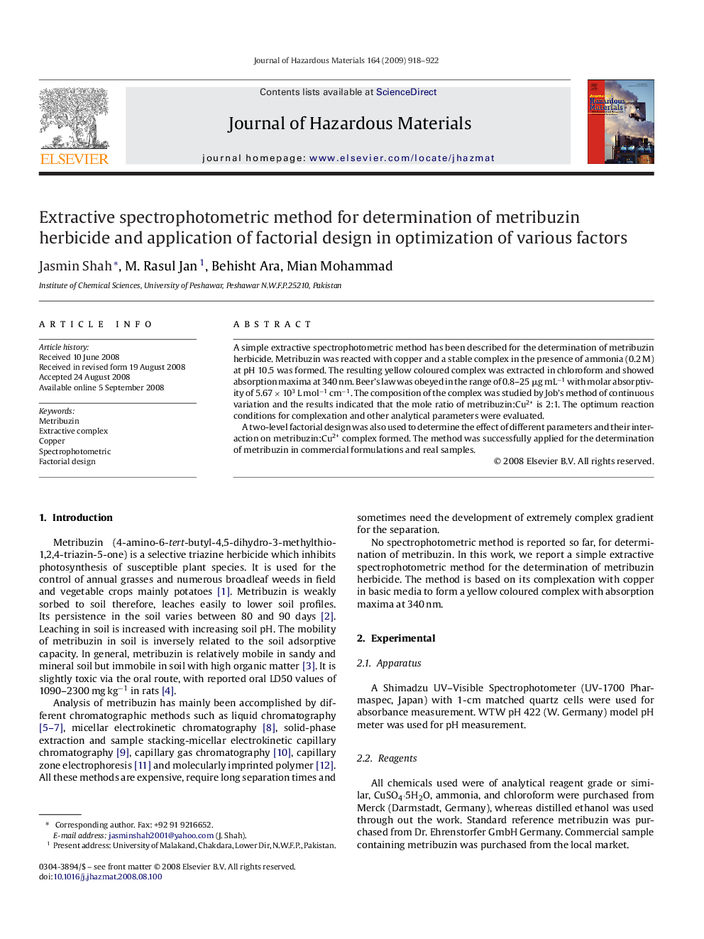 Extractive spectrophotometric method for determination of metribuzin herbicide and application of factorial design in optimization of various factors