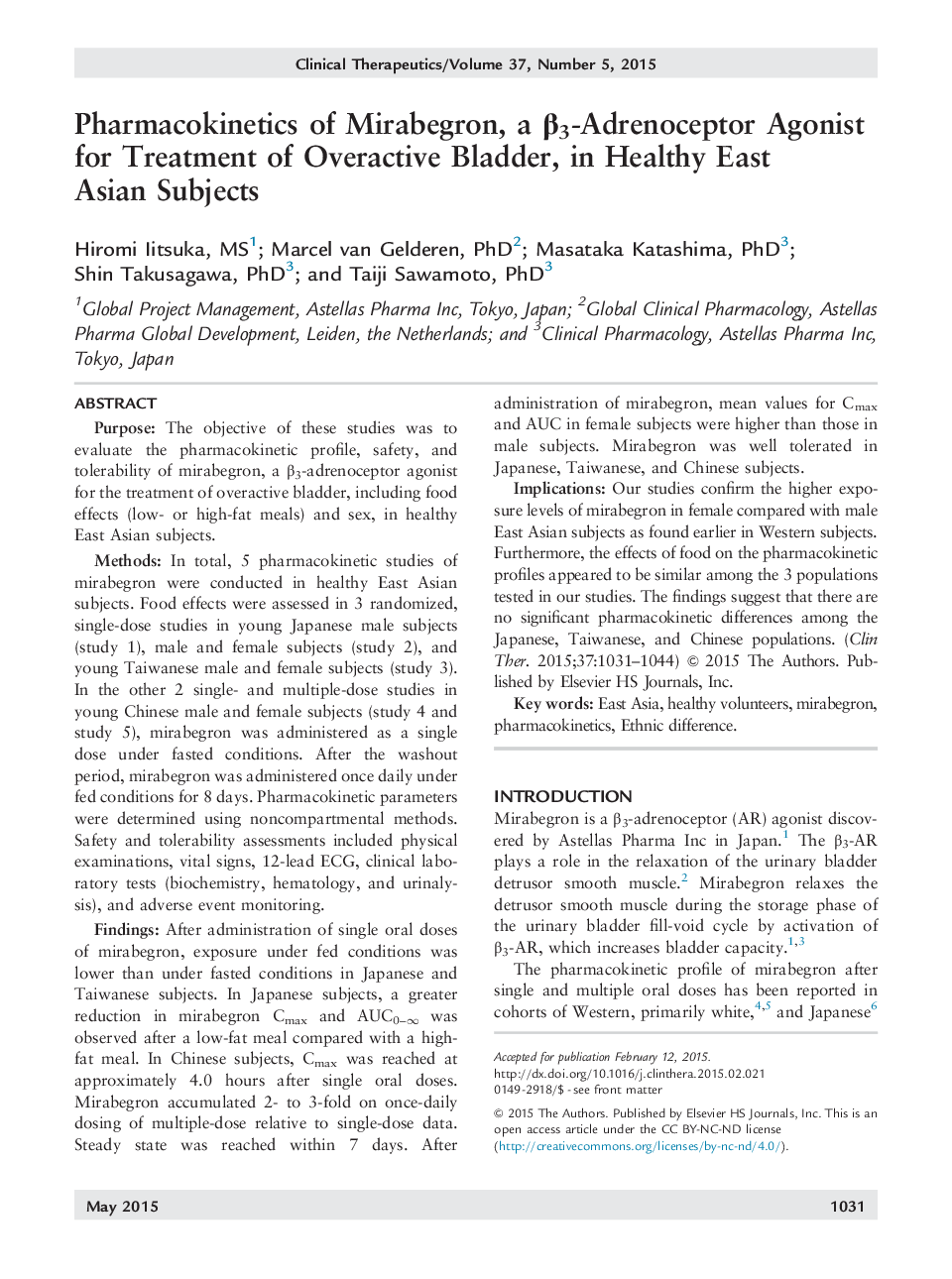 Pharmacokinetics of Mirabegron, a Î²3-Adrenoceptor Agonist for Treatment of Overactive Bladder, in Healthy East Asian Subjects