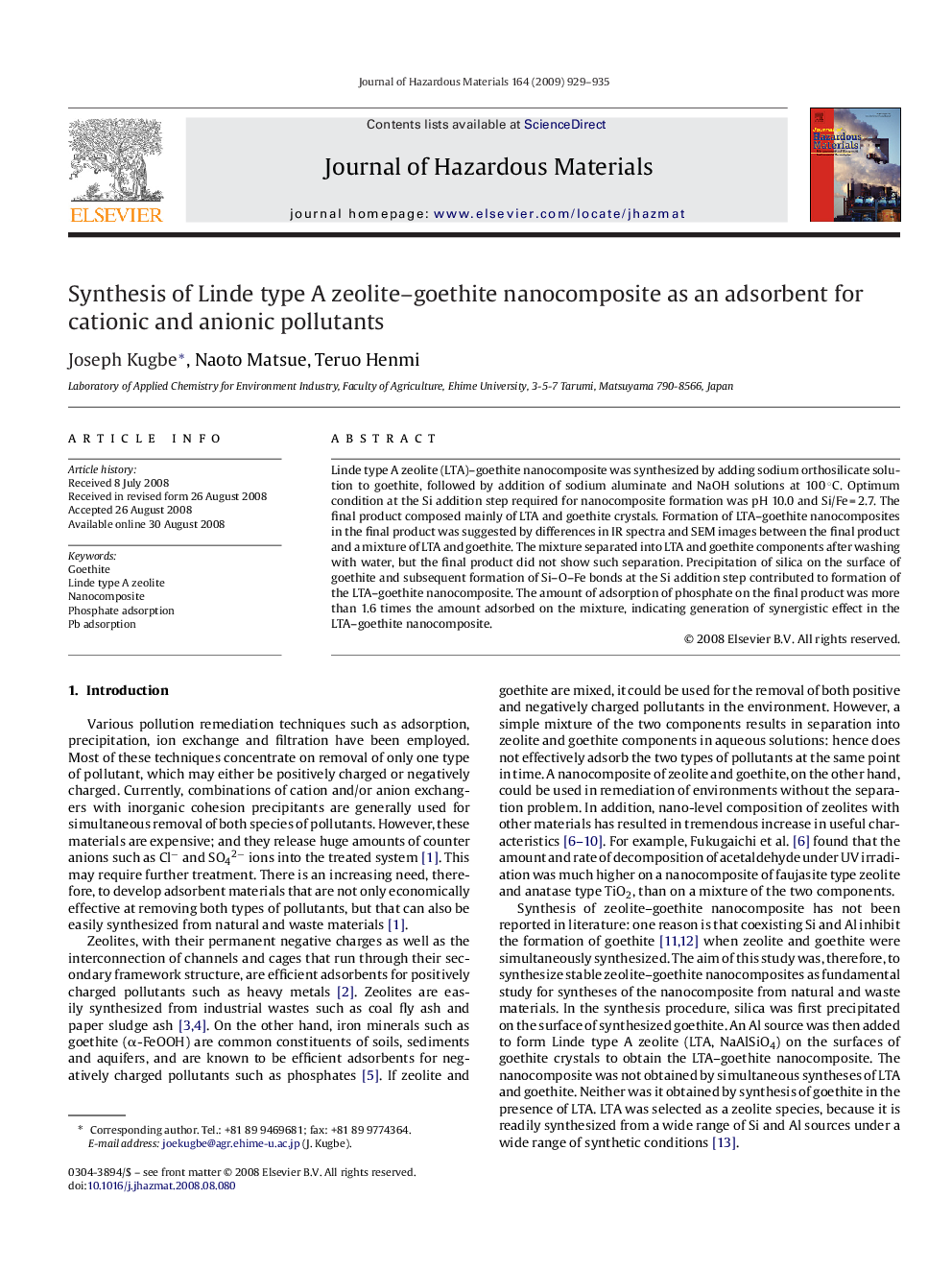 Synthesis of Linde type A zeolite-goethite nanocomposite as an adsorbent for cationic and anionic pollutants