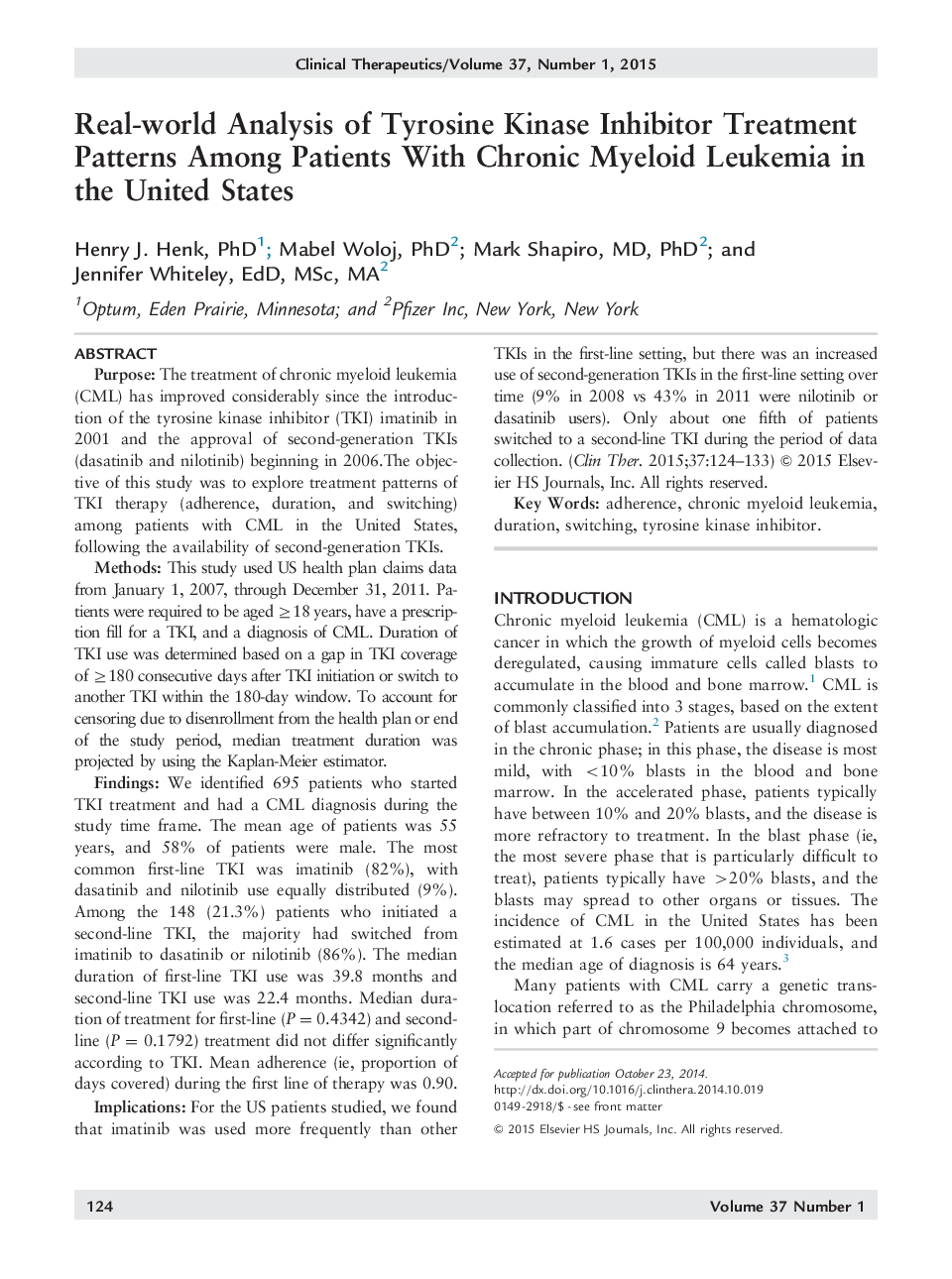 تجزیه و تحلیل واقعی از روش های بازدارنده مهار کننده تریروزین کیناز در بین بیماران مبتلا به لوسمی مزمن میلوئیدی در ایالات متحده 