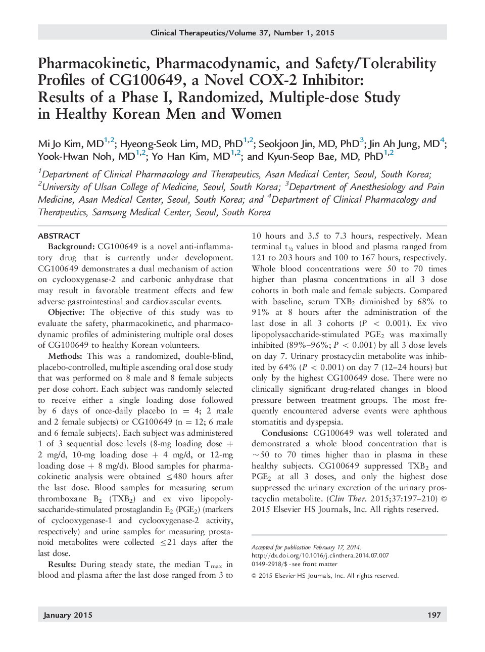 Pharmacokinetic, Pharmacodynamic, and Safety/Tolerability Profiles of CG100649, a Novel COX-2 Inhibitor: Results of a Phase I, Randomized, Multiple-dose Study in Healthy Korean Men and Women