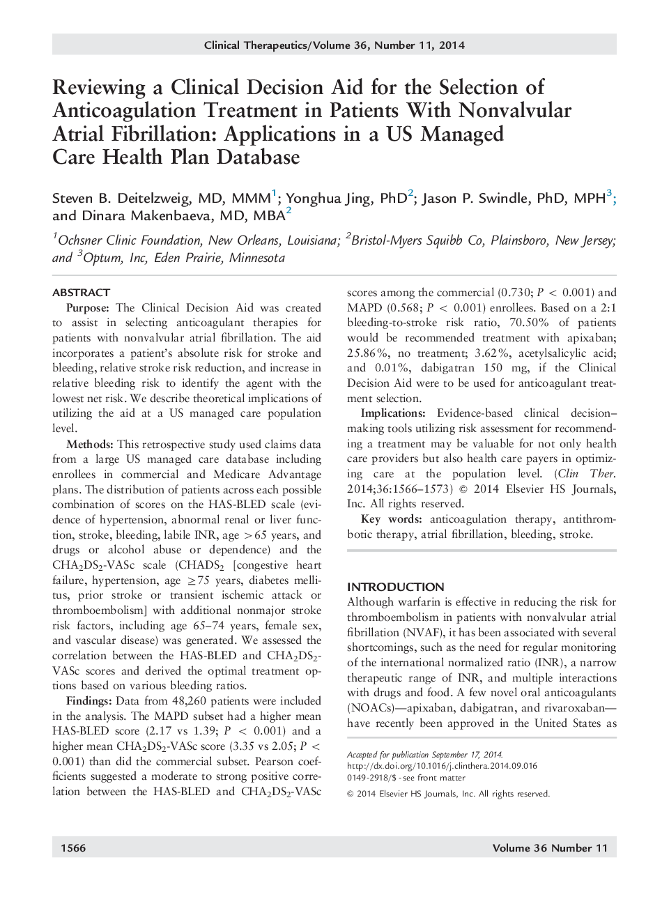 Reviewing a Clinical Decision Aid for the Selection of Anticoagulation Treatment in Patients With Nonvalvular Atrial Fibrillation: Applications in a US Managed Care Health Plan Database