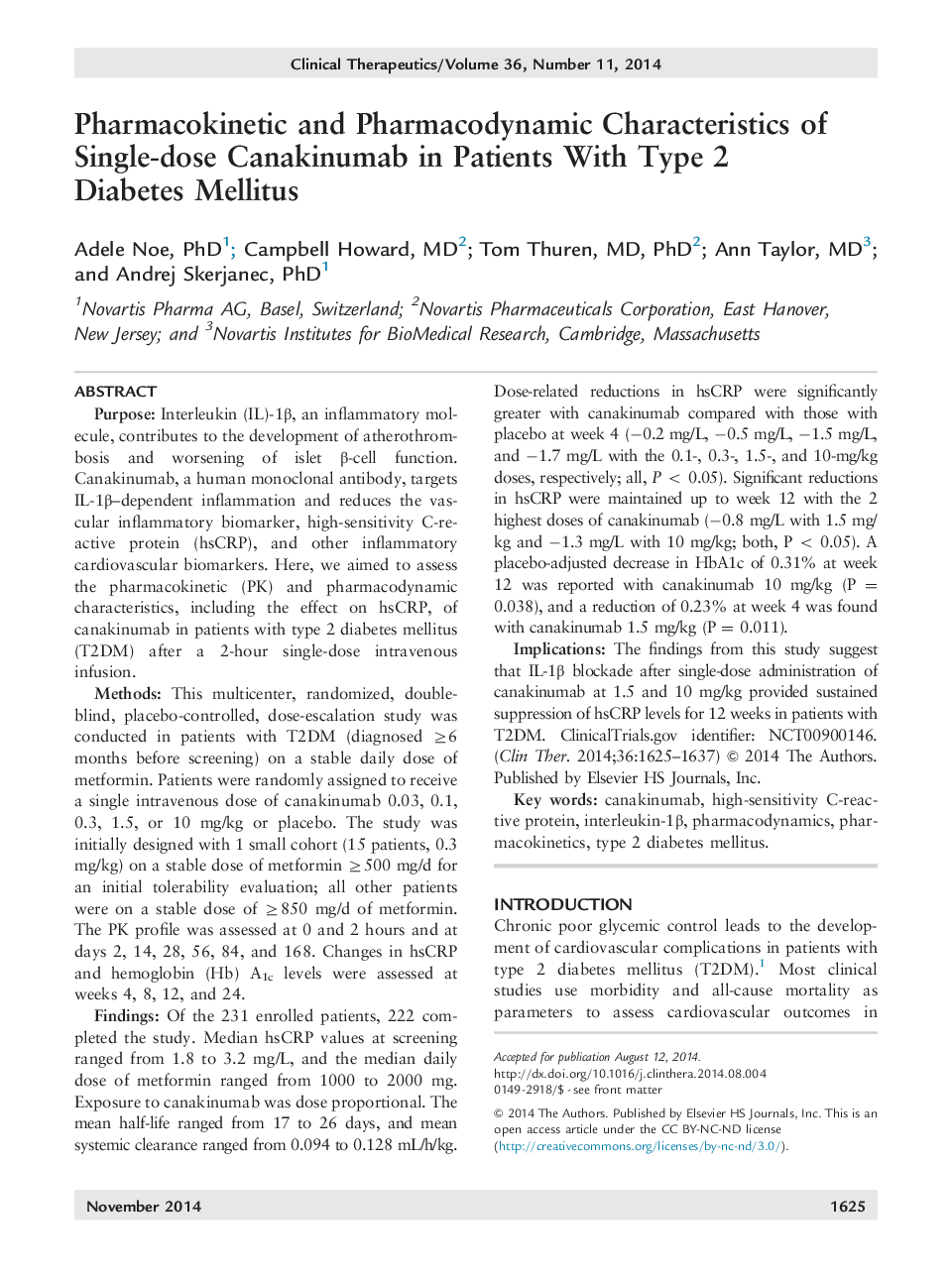 Pharmacokinetic and Pharmacodynamic Characteristics of Single-dose Canakinumab in Patients With Type 2 Diabetes Mellitus