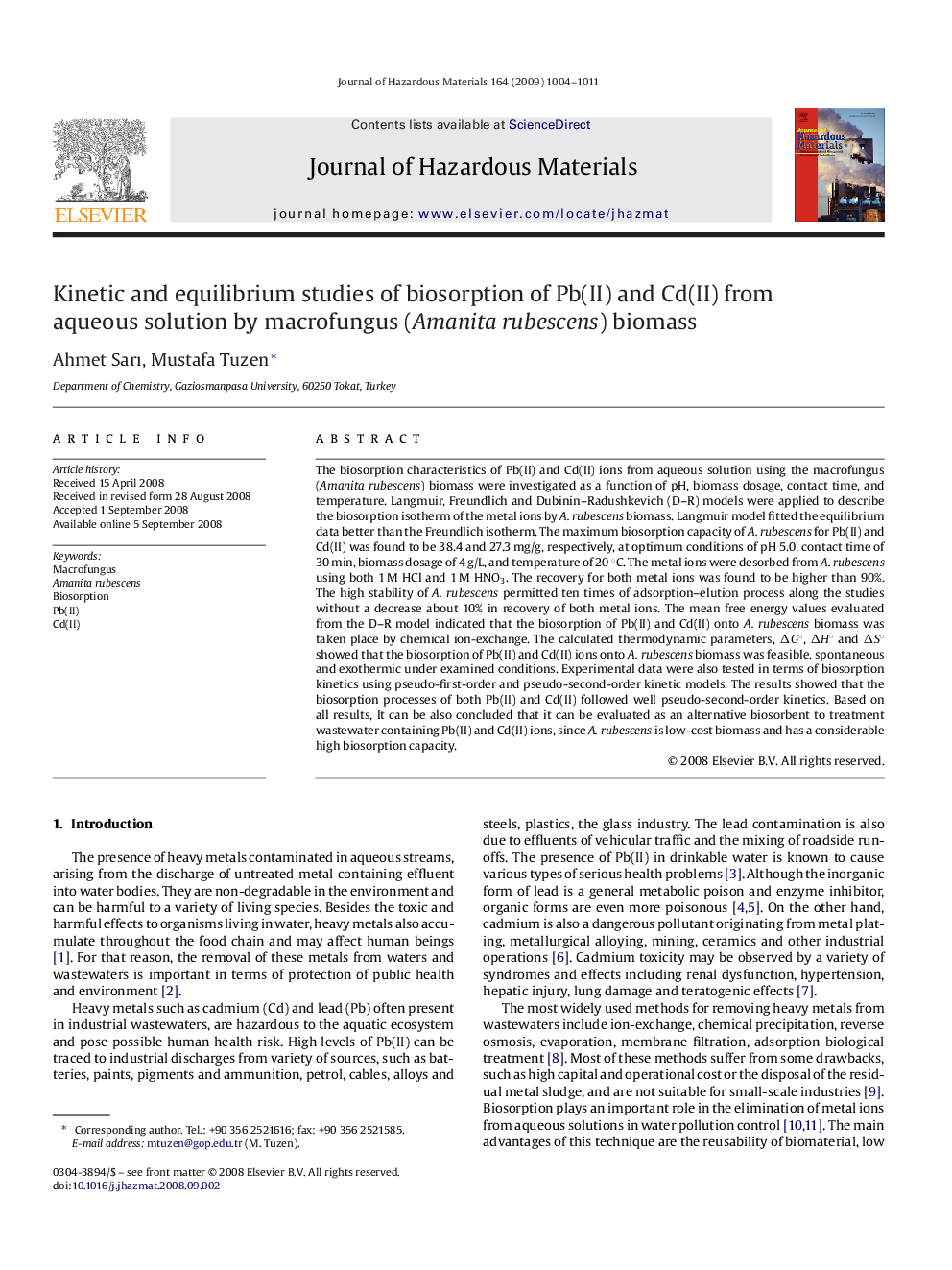 Kinetic and equilibrium studies of biosorption of Pb(II) and Cd(II) from aqueous solution by macrofungus (Amanita rubescens) biomass