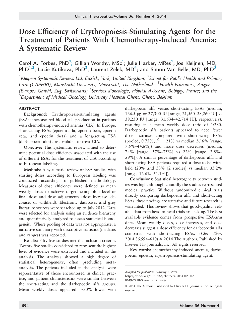 Dose Efficiency of Erythropoiesis-Stimulating Agents for the Treatment of Patients With Chemotherapy-Induced Anemia: A Systematic Review