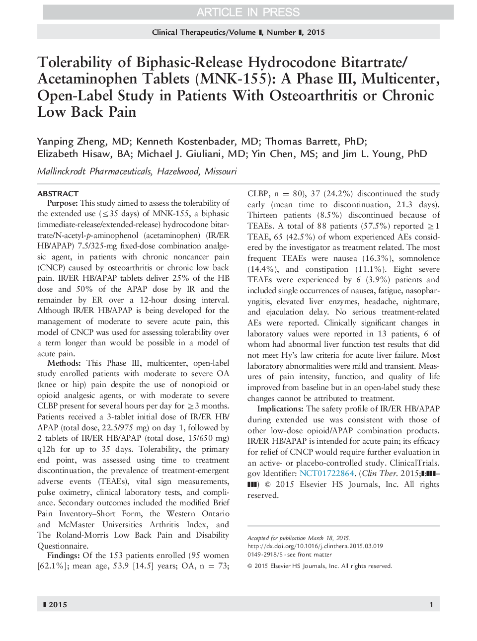 Tolerability of Biphasic-Release Hydrocodone Bitartrate/Acetaminophen Tablets (MNK-155): A Phase III, Multicenter, Open-Label Study in Patients With Osteoarthritis or Chronic Low Back Pain