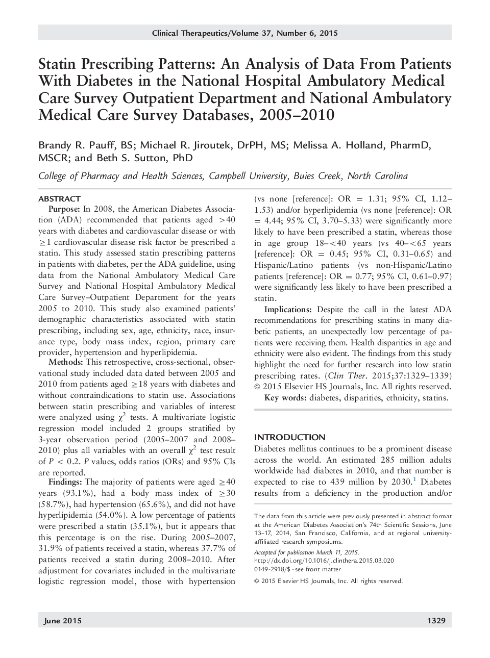 Statin Prescribing Patterns: An Analysis of Data From Patients With Diabetes in the National Hospital Ambulatory Medical Care Survey Outpatient Department and National Ambulatory Medical Care Survey Databases, 2005-2010