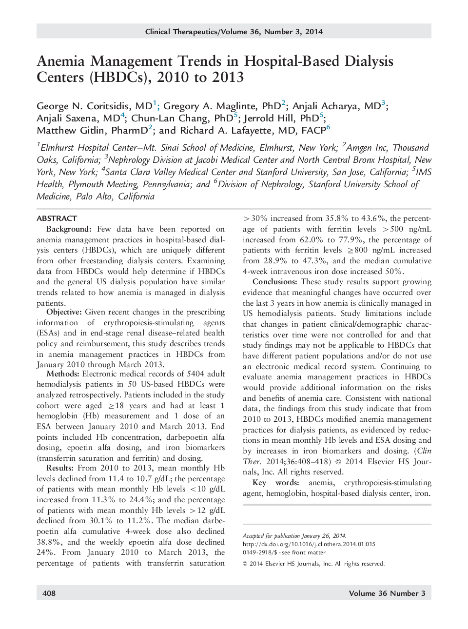 Anemia Management Trends in Hospital-Based Dialysis Centers (HBDCs), 2010 to 2013