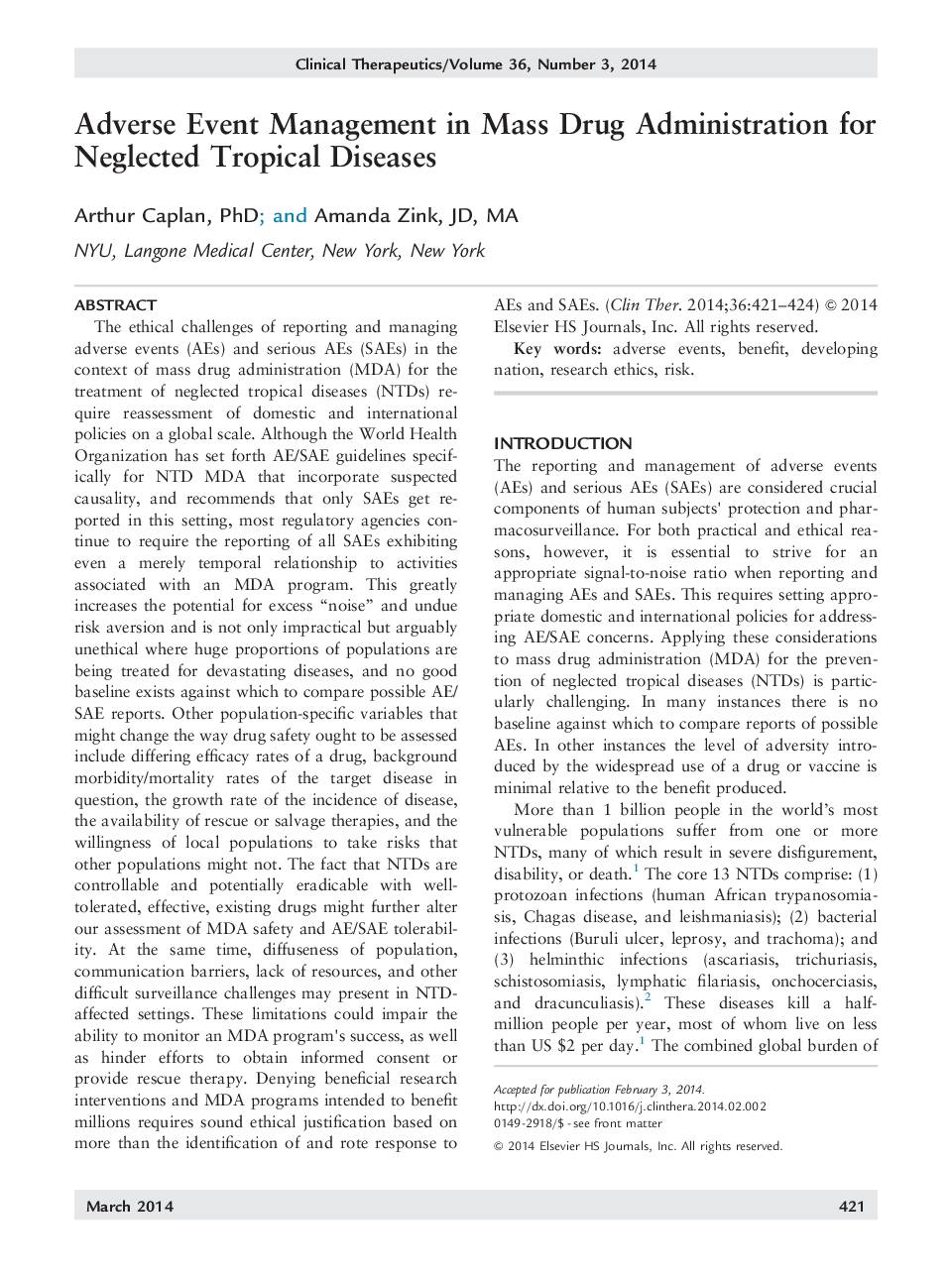 Adverse Event Management in Mass Drug Administration for Neglected Tropical Diseases