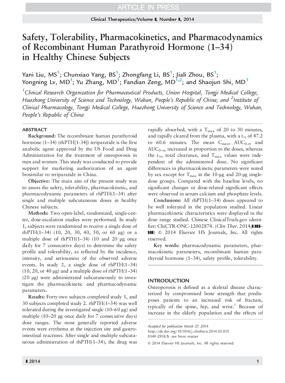 Safety, Tolerability, Pharmacokinetics, and Pharmacodynamics of Recombinant Human Parathyroid Hormone (1-34) in Healthy Chinese Subjects