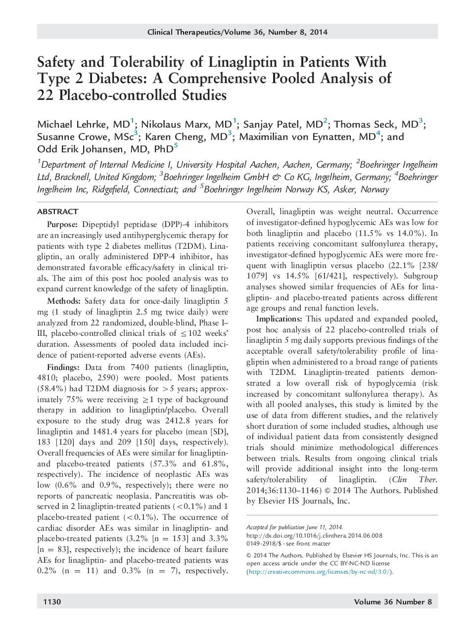 ایمنی و تحمل لیناگلیپتین در بیماران مبتلا به دیابت نوع 2: یک تجزیه و تحلیل جامع از 22 مطالعه کنترل شده با پلاسبو 