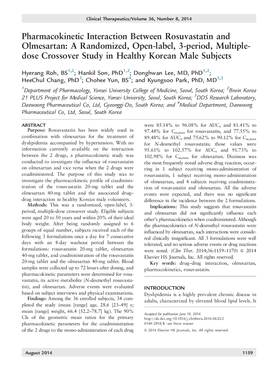 Pharmacokinetic Interaction Between Rosuvastatin and Olmesartan: A Randomized, Open-label, 3-period, Multiple-dose Crossover Study in Healthy Korean Male Subjects