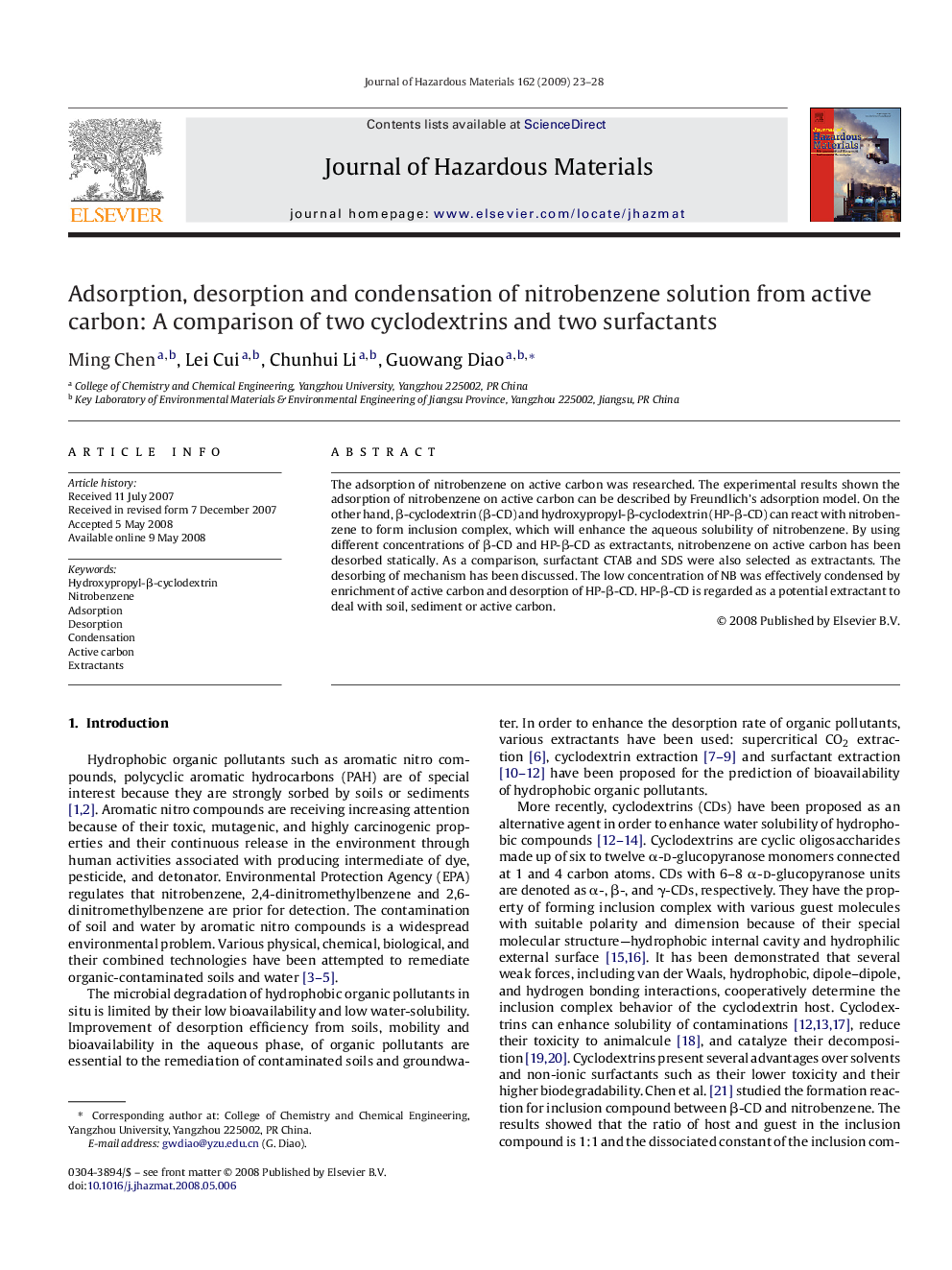 Adsorption, desorption and condensation of nitrobenzene solution from active carbon: A comparison of two cyclodextrins and two surfactants