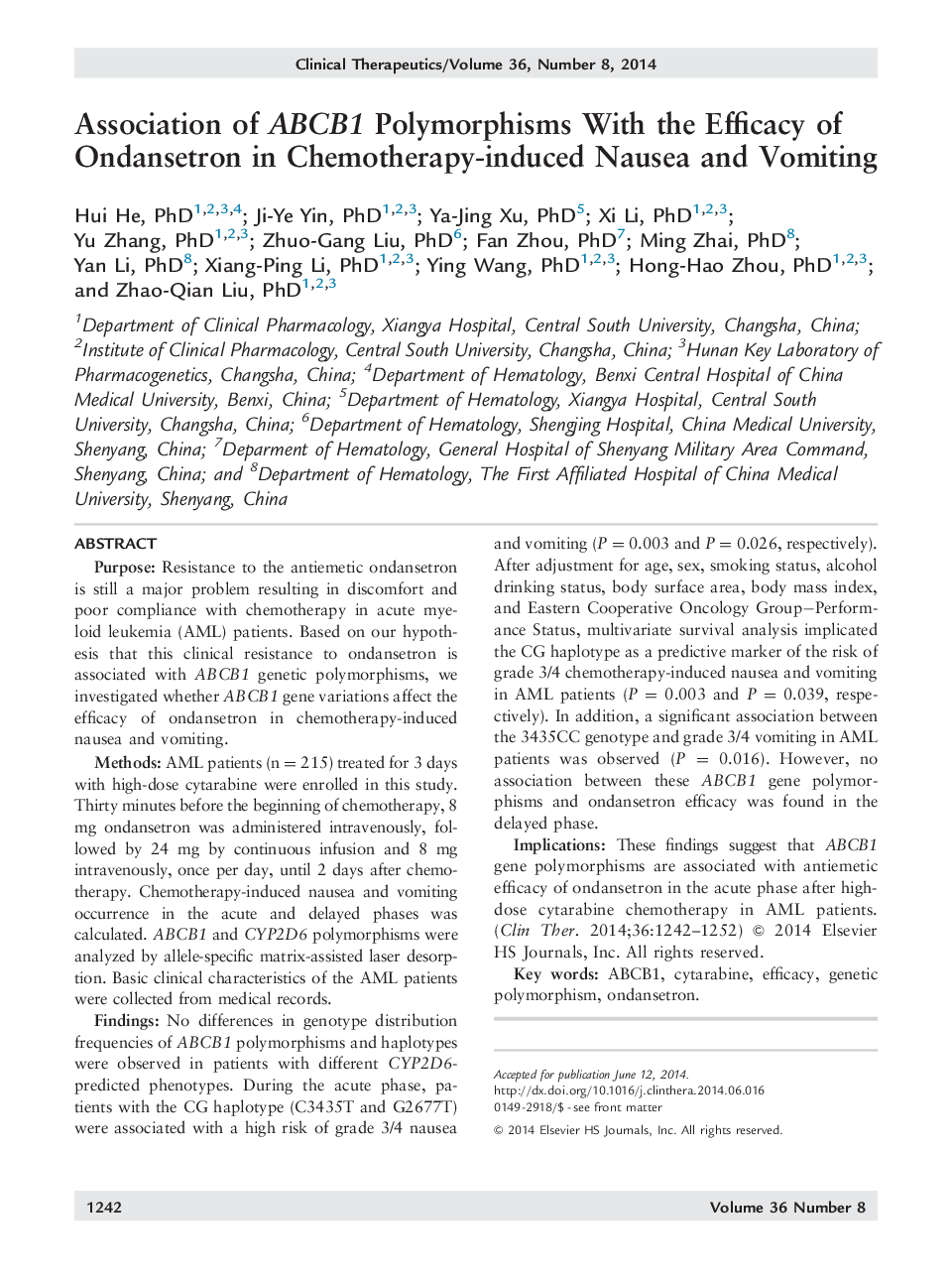 Association of ABCB1 Polymorphisms With the Efficacy of Ondansetron in Chemotherapy-induced Nausea and Vomiting