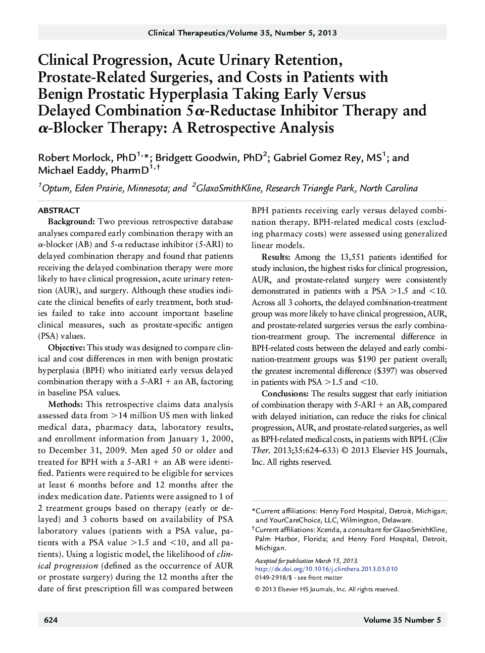 Clinical Progression, Acute Urinary Retention, Prostate-Related Surgeries, and Costs in Patients with Benign Prostatic Hyperplasia Taking Early Versus Delayed Combination 5Î±-Reductase Inhibitor Therapy and Î±-Blocker Therapy: A Retrospective Analysis