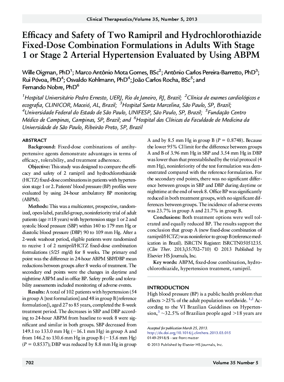 Efficacy and Safety of Two Ramipril and Hydrochlorothiazide Fixed-Dose Combination Formulations in Adults With Stage 1 or Stage 2 Arterial Hypertension Evaluated by Using ABPM