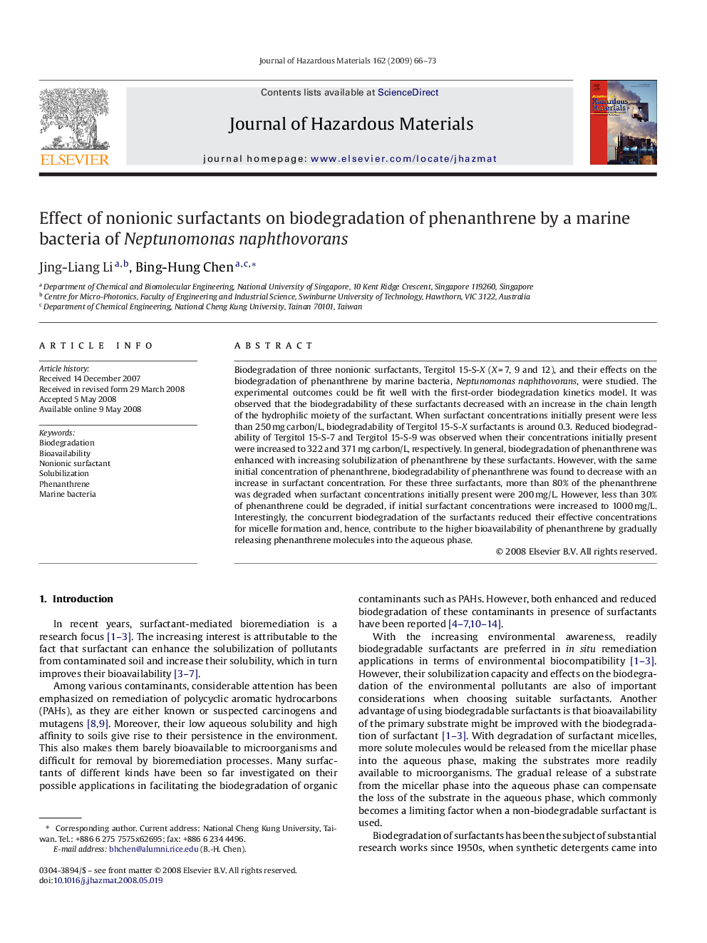 Effect of nonionic surfactants on biodegradation of phenanthrene by a marine bacteria of Neptunomonas naphthovorans