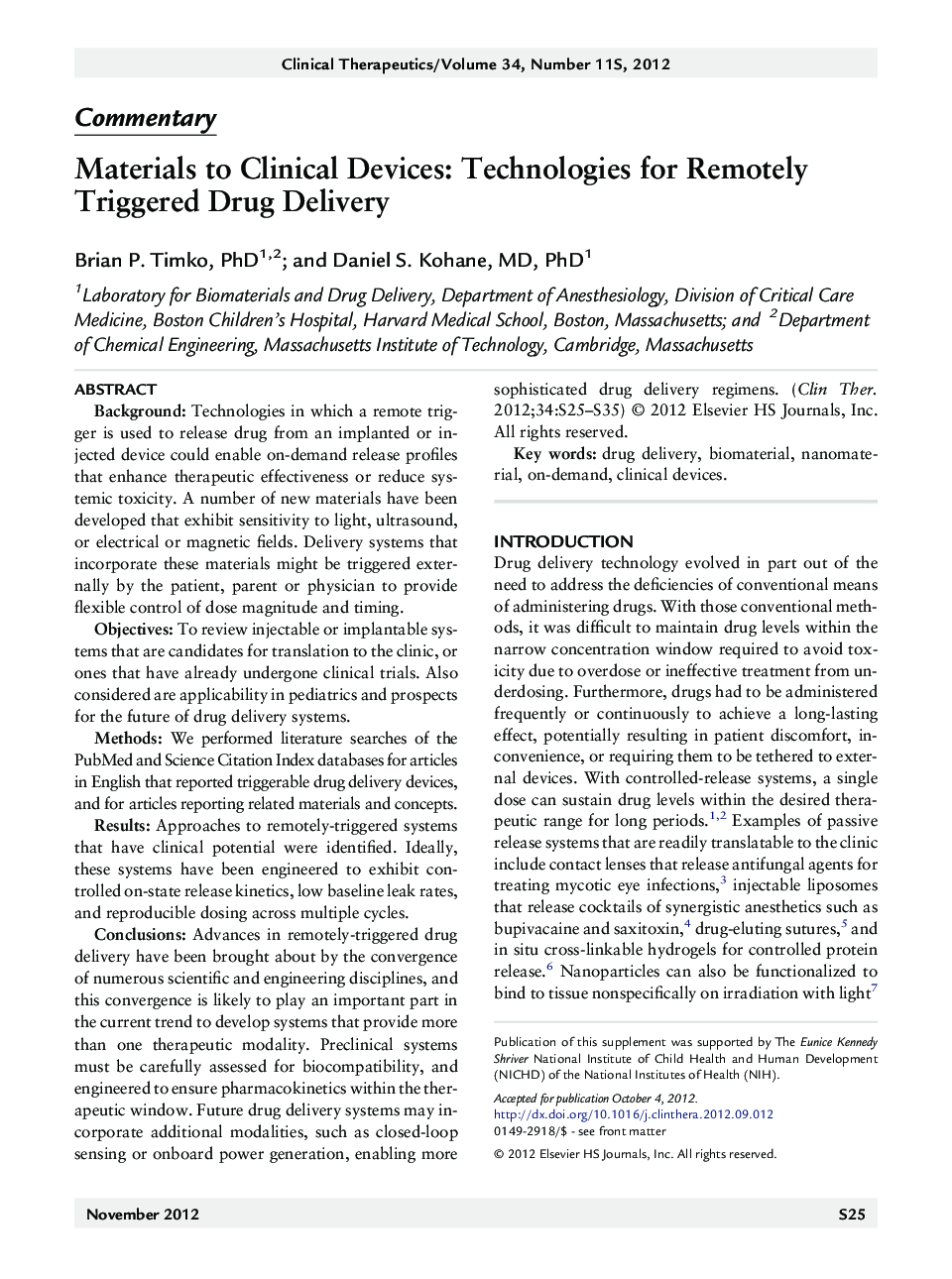 Materials to Clinical Devices: Technologies for Remotely Triggered Drug Delivery