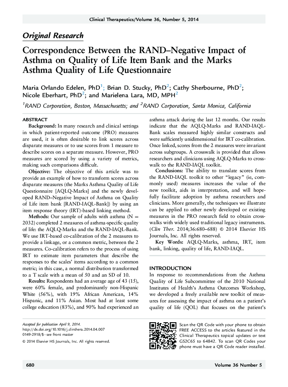 Original ResearchCorrespondence Between the RAND-Negative Impact of Asthma on Quality of Life Item Bank and the Marks Asthma Quality of Life Questionnaire