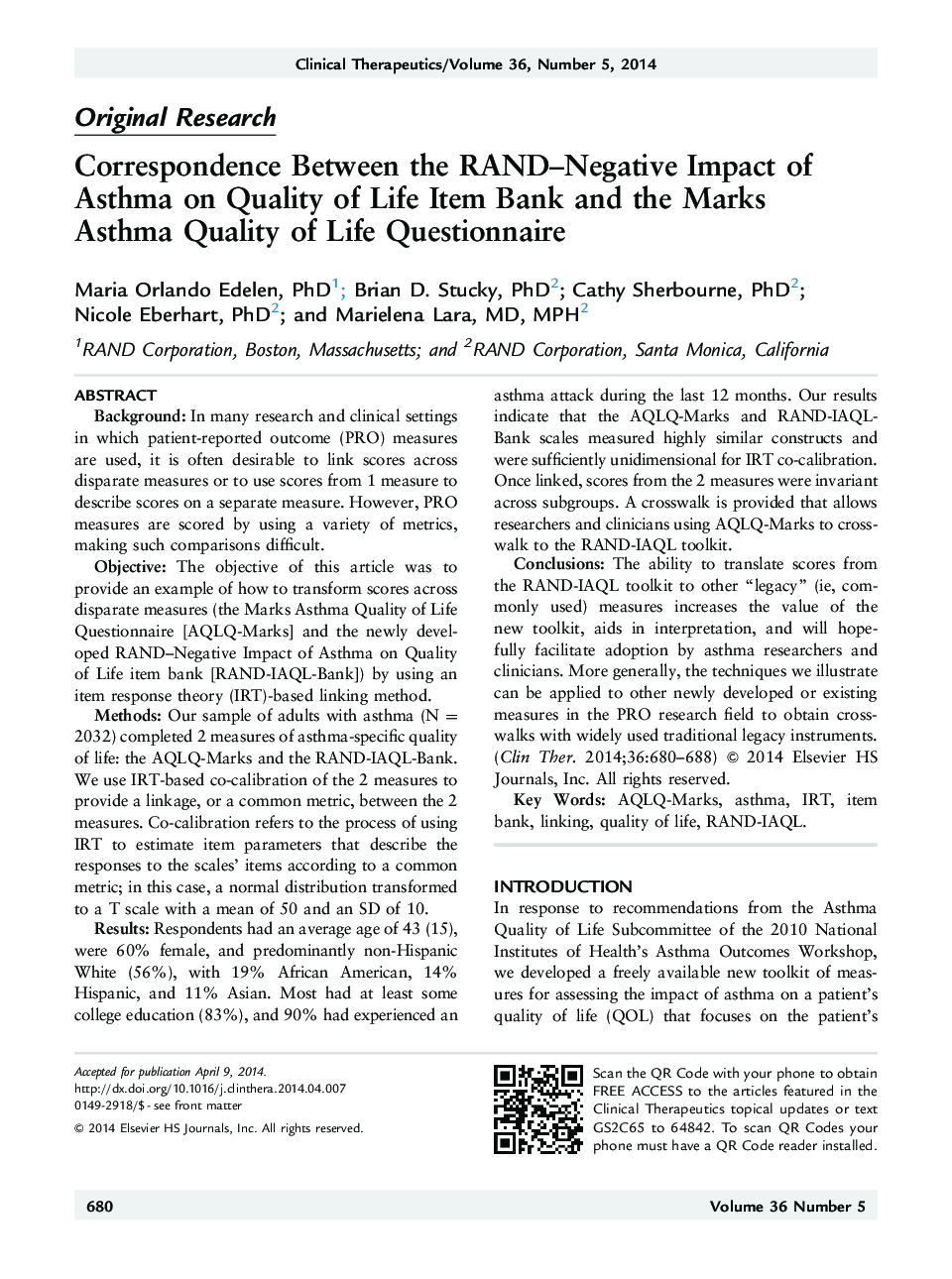 عکس صفحه اول مقاله: Original ResearchCorrespondence Between the RAND-Negative Impact of Asthma on Quality of Life Item Bank and the Marks Asthma Quality of Life Questionnaire Original ResearchCorrespondence Between the RAND-Negative Impact of Asthma on Quality of Life Item Bank and the Marks Asthma Quality of Life Questionnaire