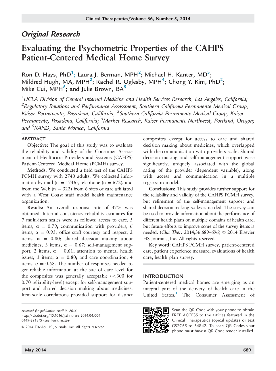 Original ResearchEvaluating the Psychometric Properties of the CAHPS Patient-Centered Medical Home Survey