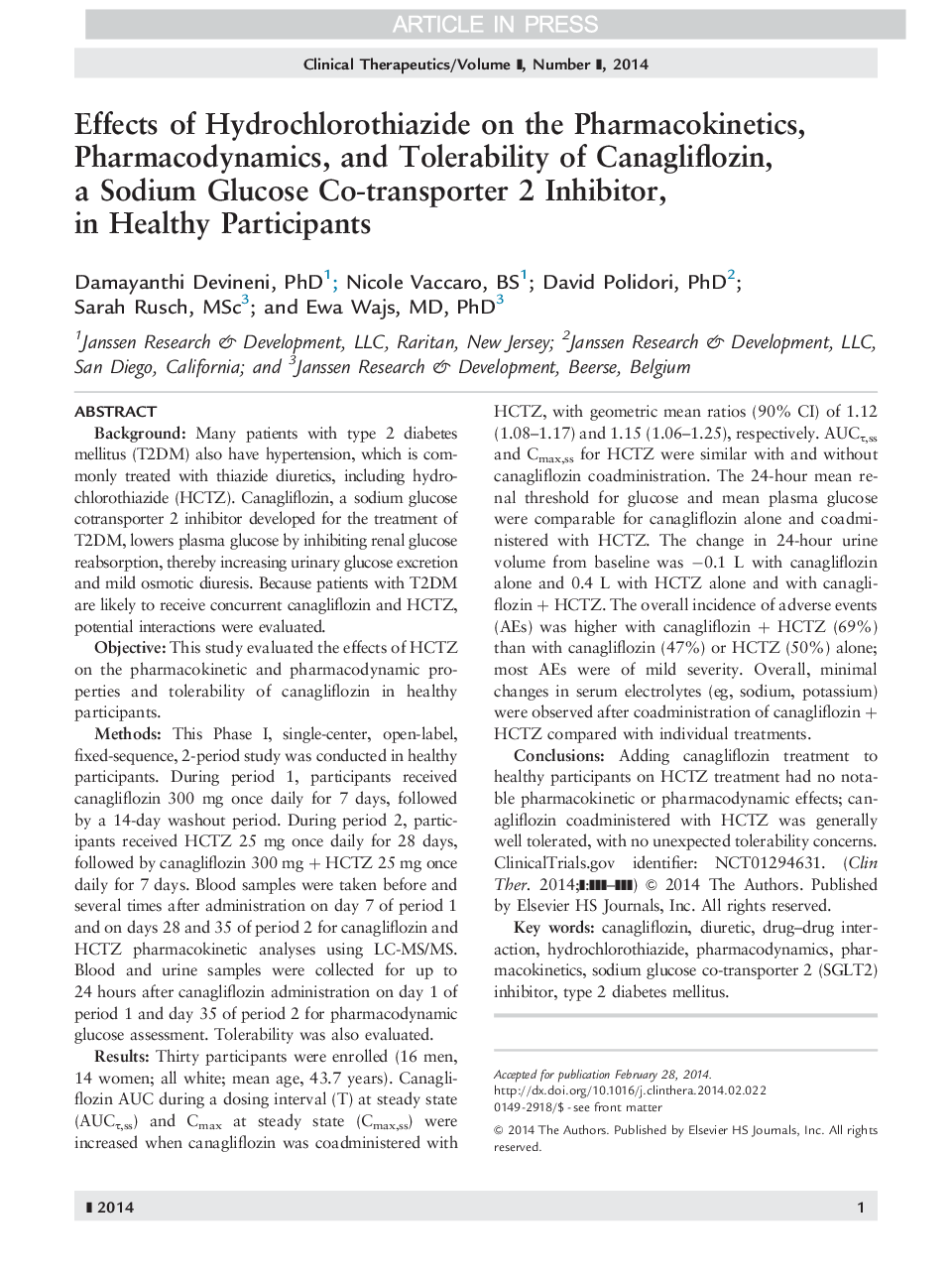 Effects of Hydrochlorothiazide on the Pharmacokinetics, Pharmacodynamics, and Tolerability of Canagliflozin, a Sodium Glucose Co-transporter 2 Inhibitor, in Healthy Participants