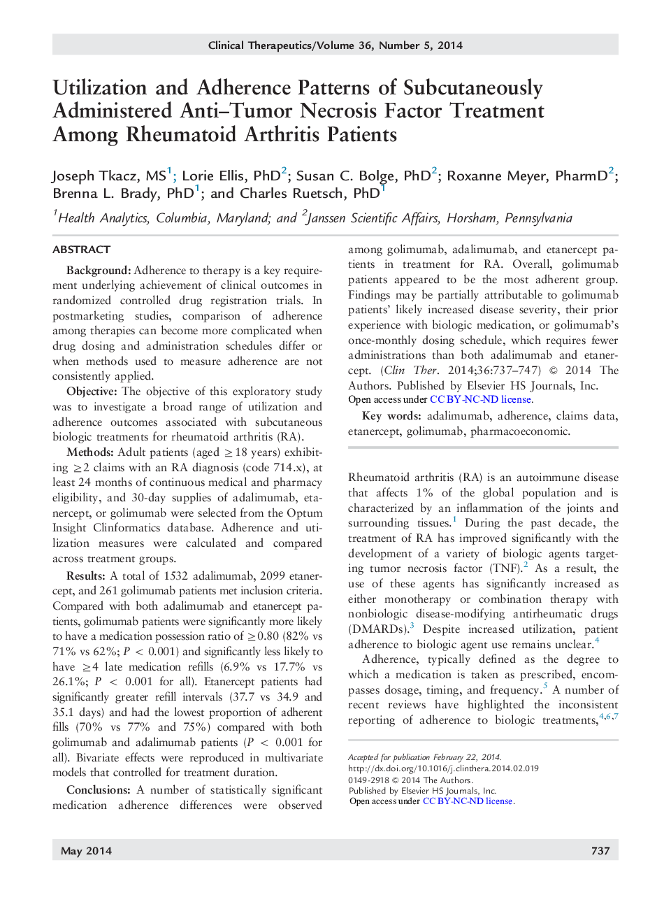 Utilization and Adherence Patterns of Subcutaneously Administered Anti-Tumor Necrosis Factor Treatment Among Rheumatoid Arthritis Patients