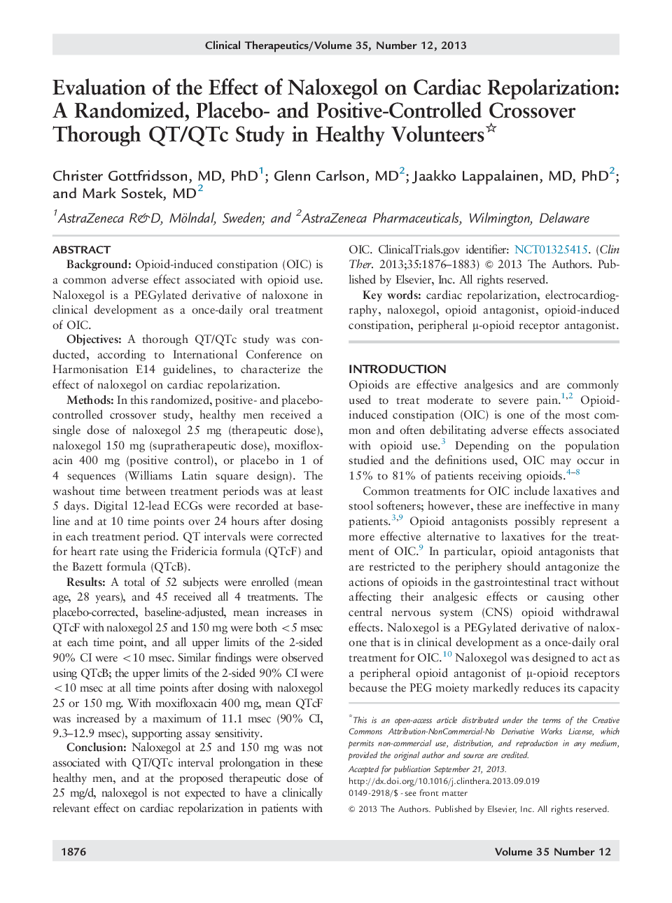 عکس صفحه اول مقاله: Evaluation of the Effect of Naloxegol on Cardiac Repolarization: A Randomized, Placebo- and Positive-Controlled Crossover Thorough QT/QTc Study in Healthy Volunteers Evaluation of the Effect of Naloxegol on Cardiac Repolarization: A Randomized, Placebo- and Positive-Controlled Crossover Thorough QT/QTc Study in Healthy Volunteers