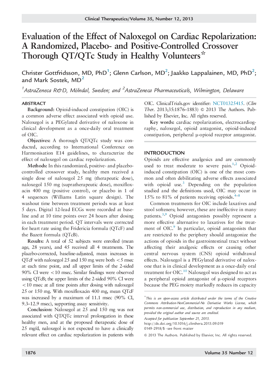 Evaluation of the Effect of Naloxegol on Cardiac Repolarization: A Randomized, Placebo- and Positive-Controlled Crossover Thorough QT/QTc Study in Healthy Volunteers