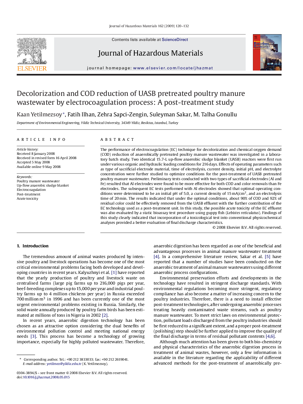 عکس صفحه اول مقاله: Decolorization and COD reduction of UASB pretreated poultry manure wastewater by electrocoagulation process: A post-treatment study Decolorization and COD reduction of UASB pretreated poultry manure wastewater by electrocoagulation process: A post-treatment study