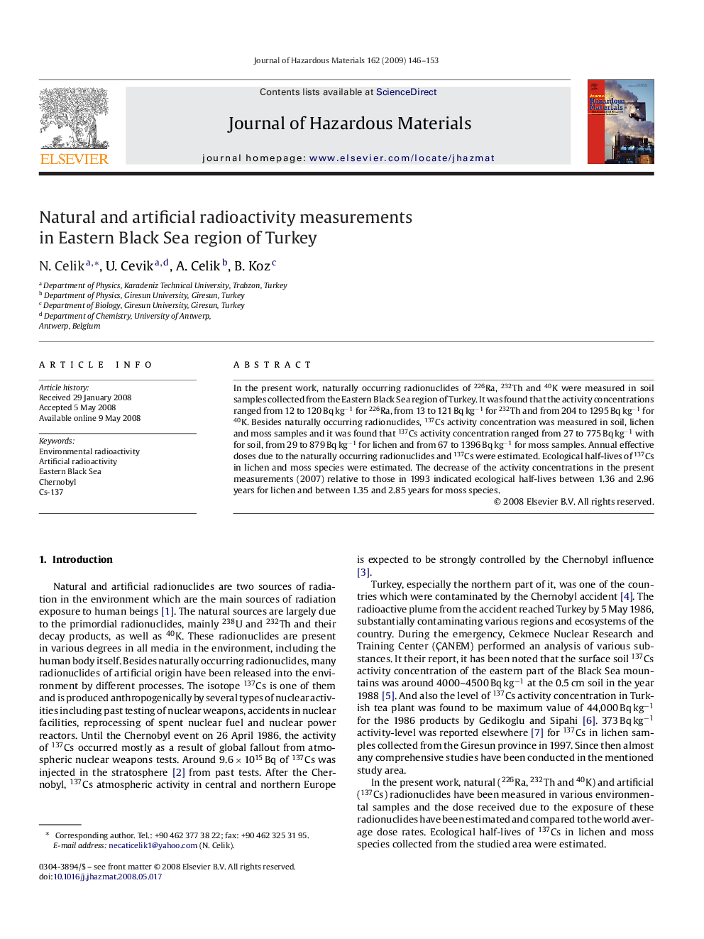 Natural and artificial radioactivity measurements in Eastern Black Sea region of Turkey