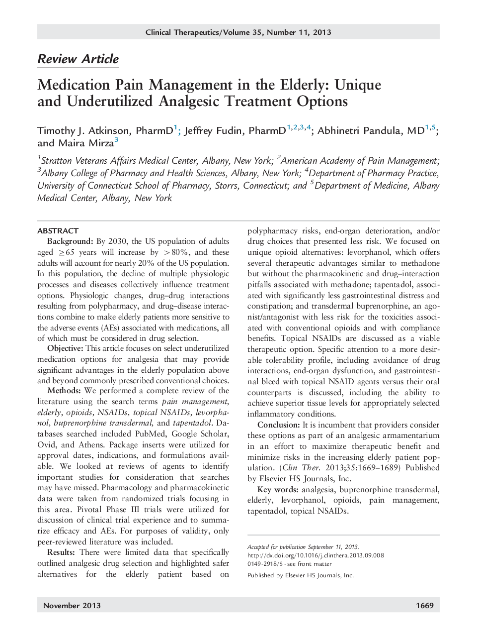 Review ArticleMedication Pain Management in the Elderly: Unique and Underutilized Analgesic Treatment Options