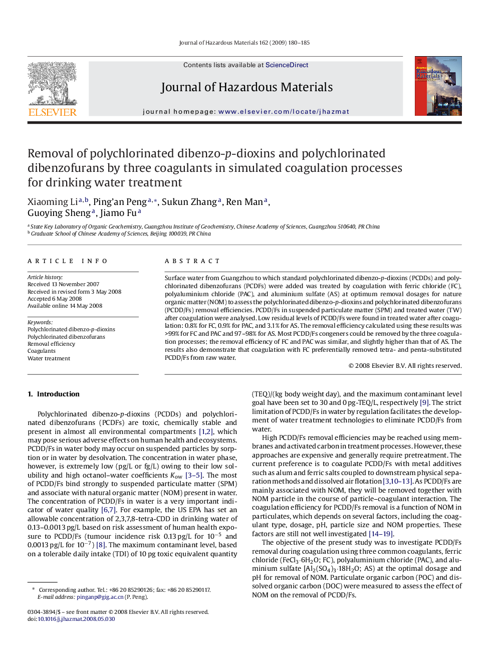 Removal of polychlorinated dibenzo-p-dioxins and polychlorinated dibenzofurans by three coagulants in simulated coagulation processes for drinking water treatment