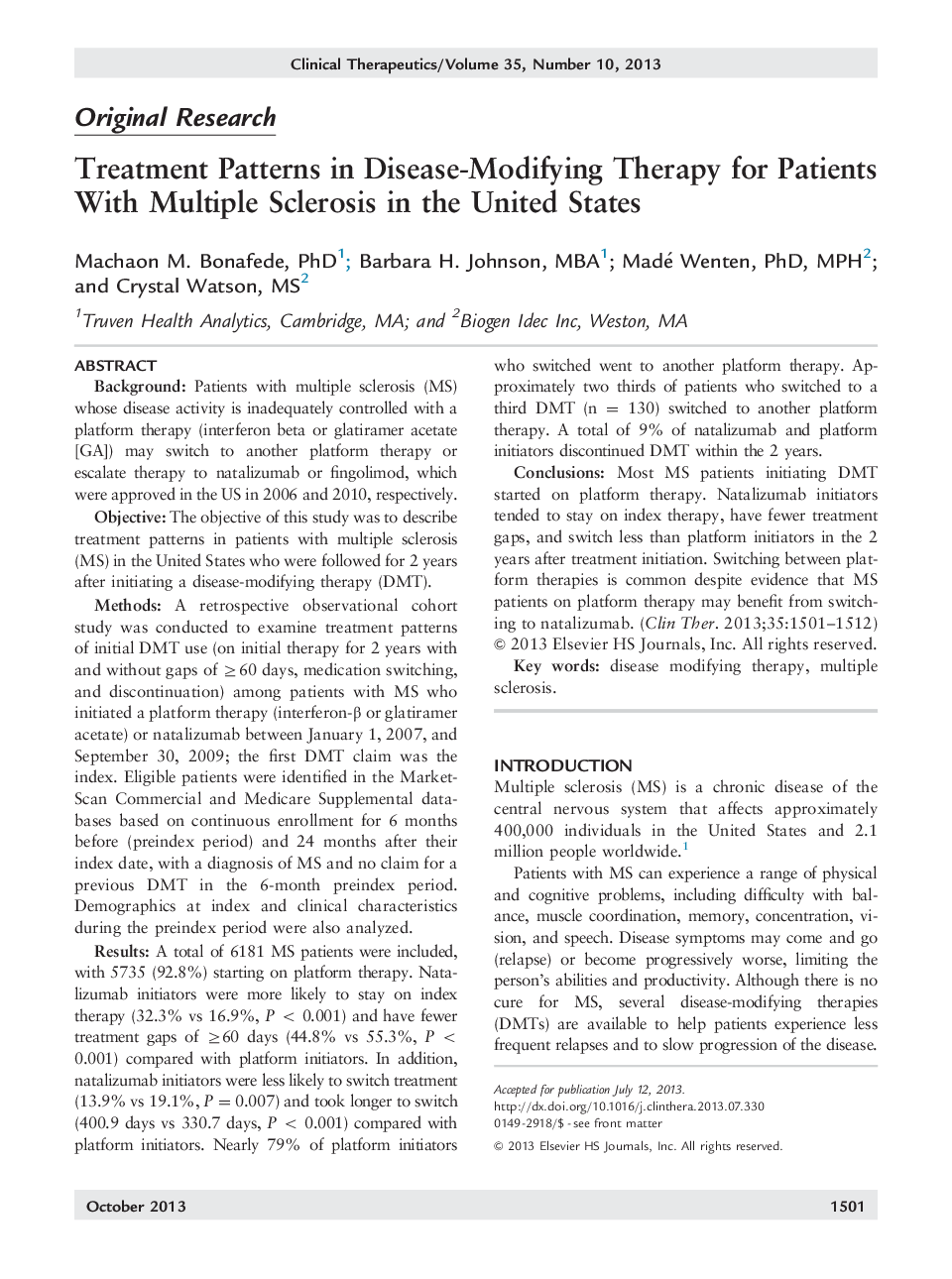 Original ResearchTreatment Patterns in Disease-Modifying Therapy for Patients With Multiple Sclerosis in the United States