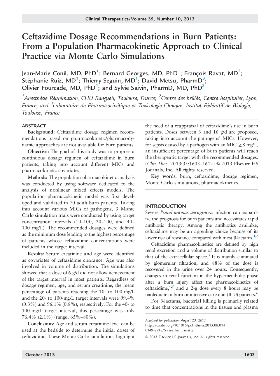 Ceftazidime Dosage Recommendations in Burn Patients: From a Population Pharmacokinetic Approach to Clinical Practice via Monte Carlo Simulations