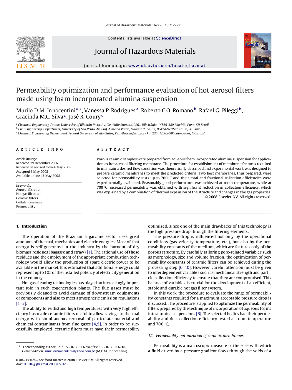 عکس صفحه اول مقاله: Permeability optimization and performance evaluation of hot aerosol filters made using foam incorporated alumina suspension Permeability optimization and performance evaluation of hot aerosol filters made using foam incorporated alumina suspension